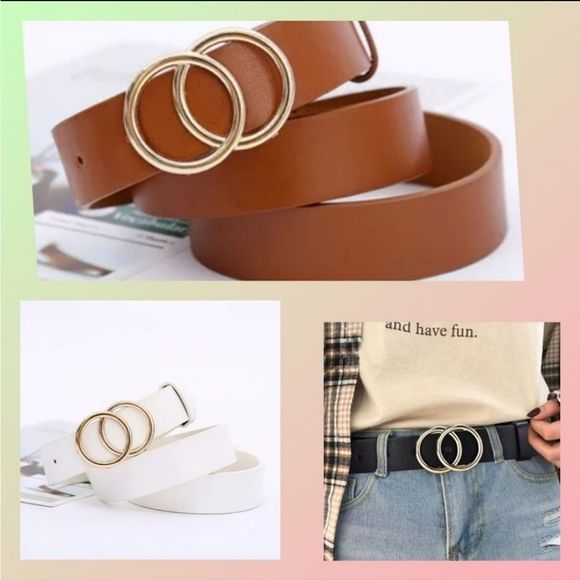Double Ring Circle Button Belt Leisure Jeans Fashion Dress Women Leather Belt - Picture 1 of 2